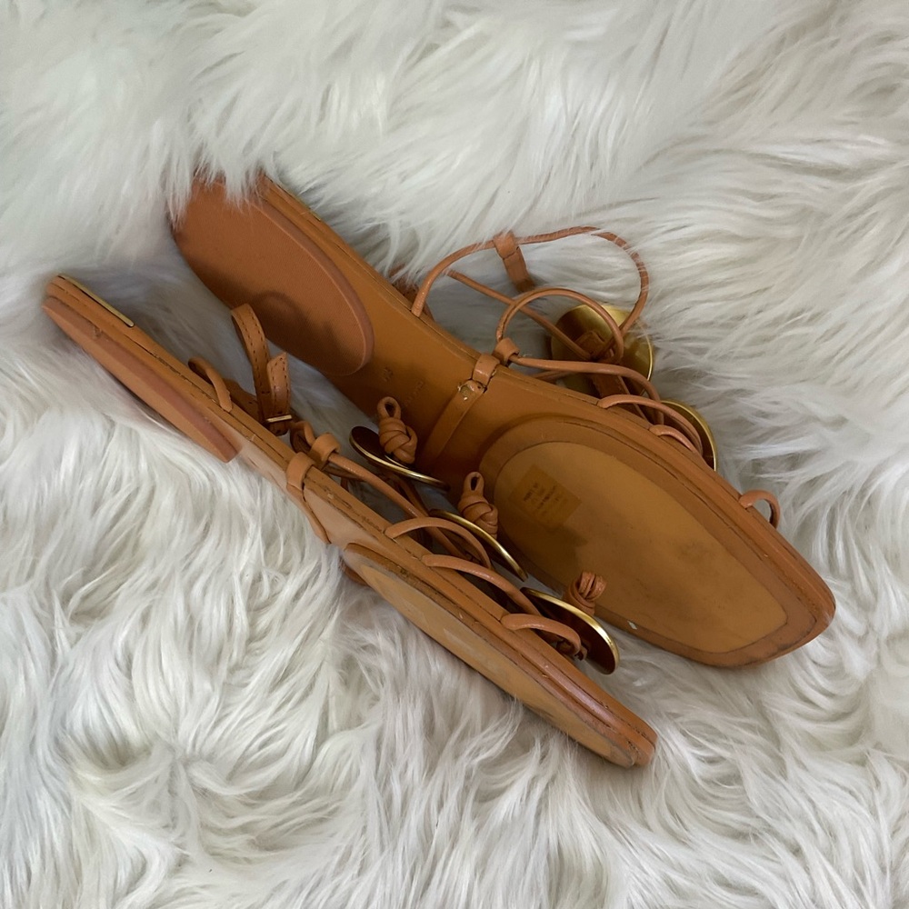 Tory Burch Camel Leather Knotted Disk Embellished Strappy Flat Sandals Size 9 - Picture 7 of 10